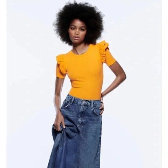 NWT Zara orange ruffle shoulder rib bodysuit, S - Picture 2 of 13